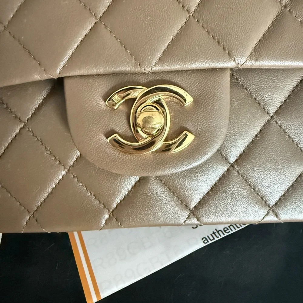 Chanel classic Medium double flap 24K gold hardware in Brown card COA duster